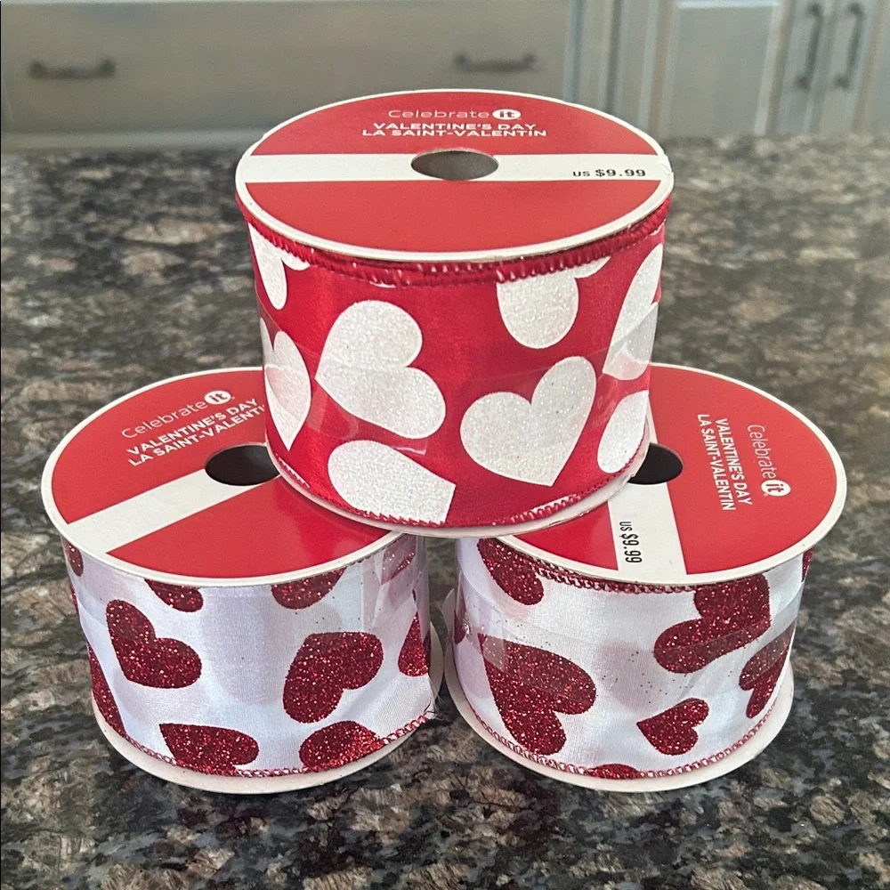 Celebrate It Glittery Red and White Heart Ribbon Trio